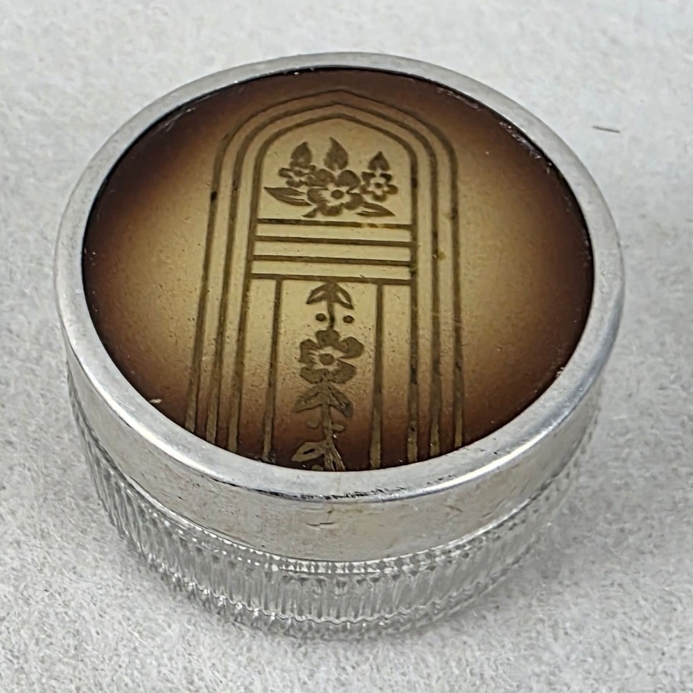 Vintage Art Deco Glass Powder Jar Reverse Painted Floral Lid Vanity Trinket Box